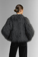 Fortini fluffy faux fur jacket in graphite gray, showcasing its soft, plush texture and stylish collar design.