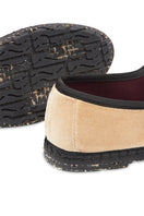 Beige velvet Theodora Mary Jane flats by Flabelus with black piping, featuring rounded toe and elegant design.