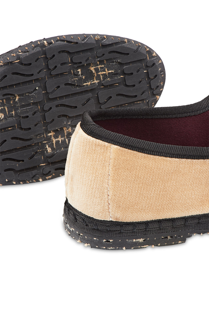 Beige velvet Theodora Mary Jane flats by Flabelus with black piping, featuring rounded toe and elegant design.