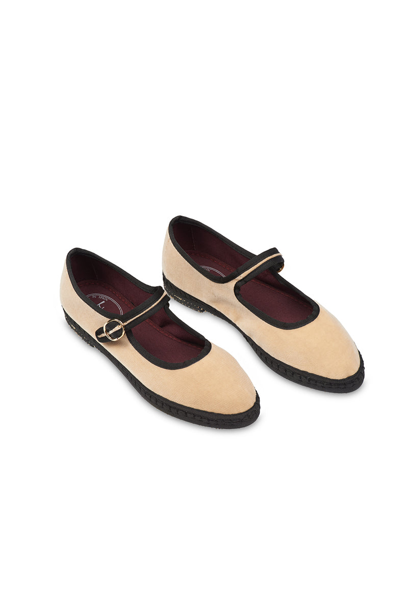 Flabelus Theodora Mary Jane velvet flats in beige with black piping, featuring a classic design and comfortable fit.
