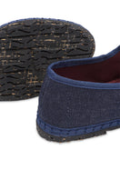 Dark blue Flabelus Rostova Mary Jane denim flats with matching dark blue piping, stylish and comfortable footwear for women.