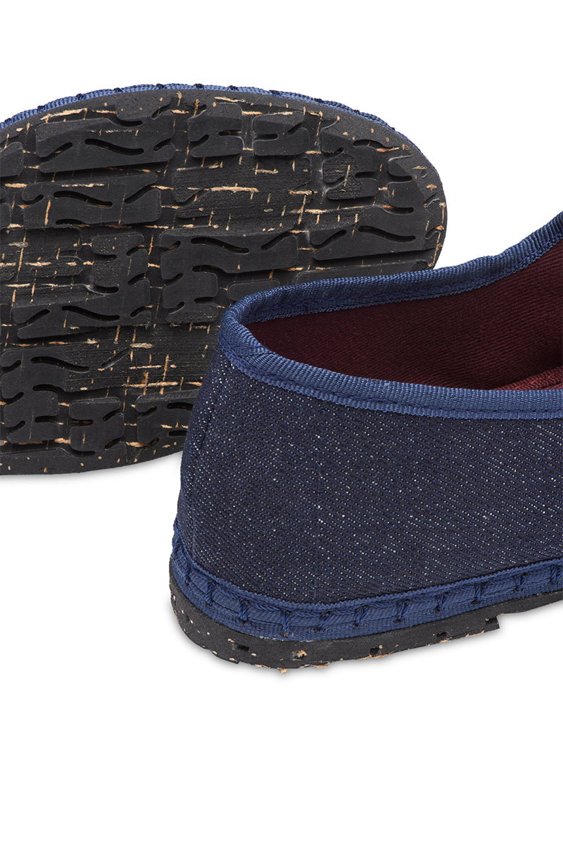 Dark blue Flabelus Rostova Mary Jane denim flats with matching dark blue piping, stylish and comfortable footwear for women.