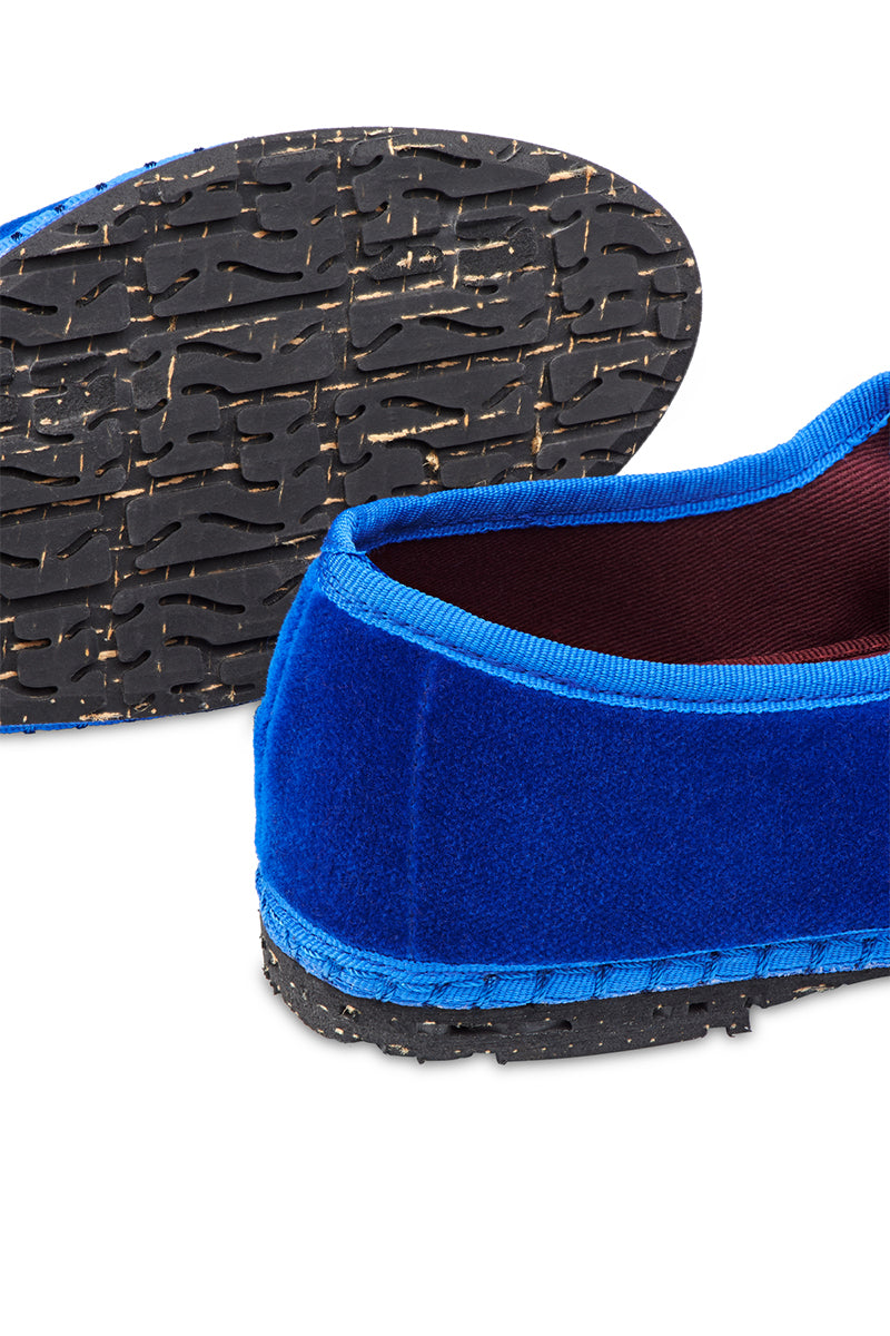 Blue velvet Flabelus Mary Jane flats with matching blue piping, featuring a classic and elegant design.
