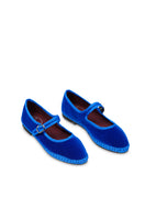 Blue velvet Flabelus Mary Jane flats with matching blue piping, stylish and comfortable for everyday wear.