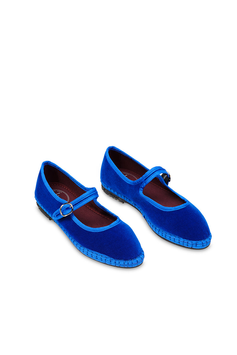 Blue velvet Flabelus Mary Jane flats with matching blue piping, stylish and comfortable for everyday wear.