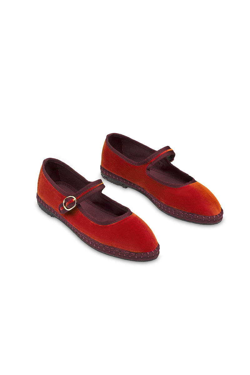 MARGARET MARY JANE VELVET IN RED ORANGE WITH BURGUNDY PIPING - CULT MIA