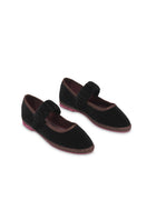 Flabelus Mafalda Sethe black velvet flats with brown piping, stylish and comfortable women's footwear on a white background.