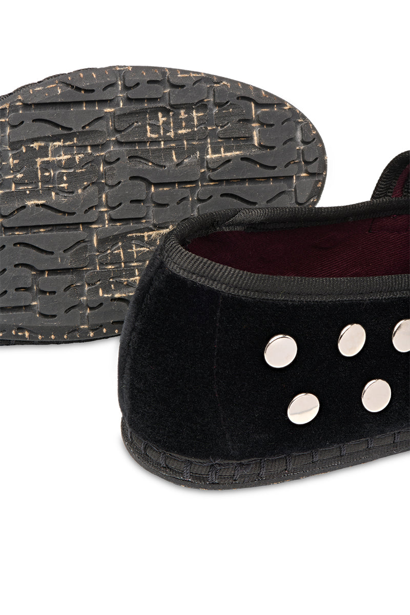 Flabelus Mae flat shoes in silver and black with sleek design, shown from a side angle on a white background.