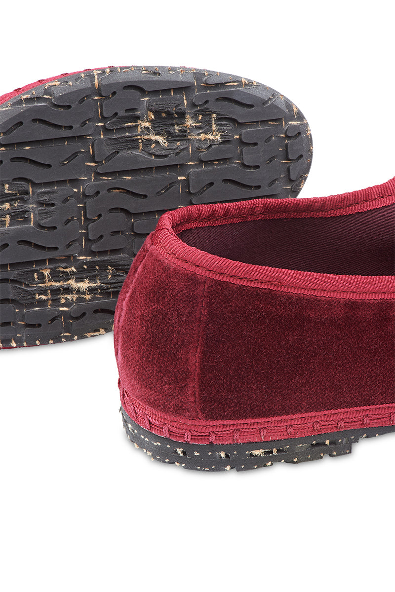 Flabelus Lucrecia Mary Jane flats in burgundy velvet, stylish footwear with a classic strap and rounded toe, on a neutral background.