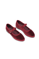 Flabelus Lucrecia Mary Jane velvet flats in rich burgundy, featuring a classic strap and elegant design.