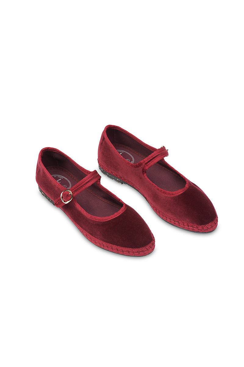 Flabelus Lucrecia Mary Jane velvet flats in rich burgundy, featuring a classic strap and elegant design.
