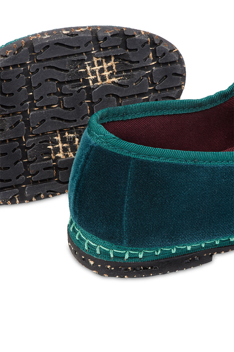 Dark green velvet Flabelus Leonor Mary Jane flats with elegant straps and round toe, stylish and comfortable footwear.