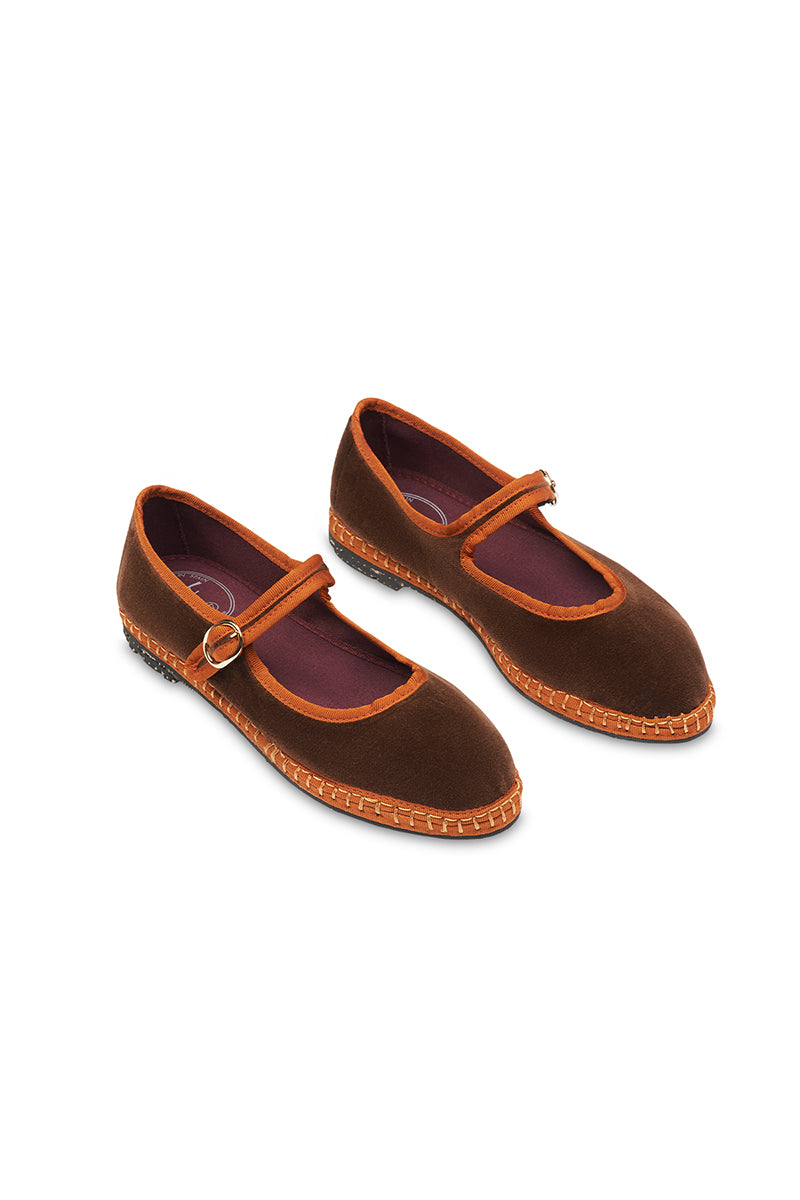 FRIDA MARY JANE VELVET IN BROWN WITH LIGHT BROWN PIPING - CULT MIA