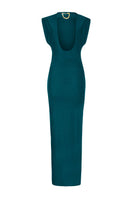 Elegant LEDIEL Mocca Largo gown in emerald green, flowing fabric with a fitted bodice and long sleeves, perfect for formal occasions.