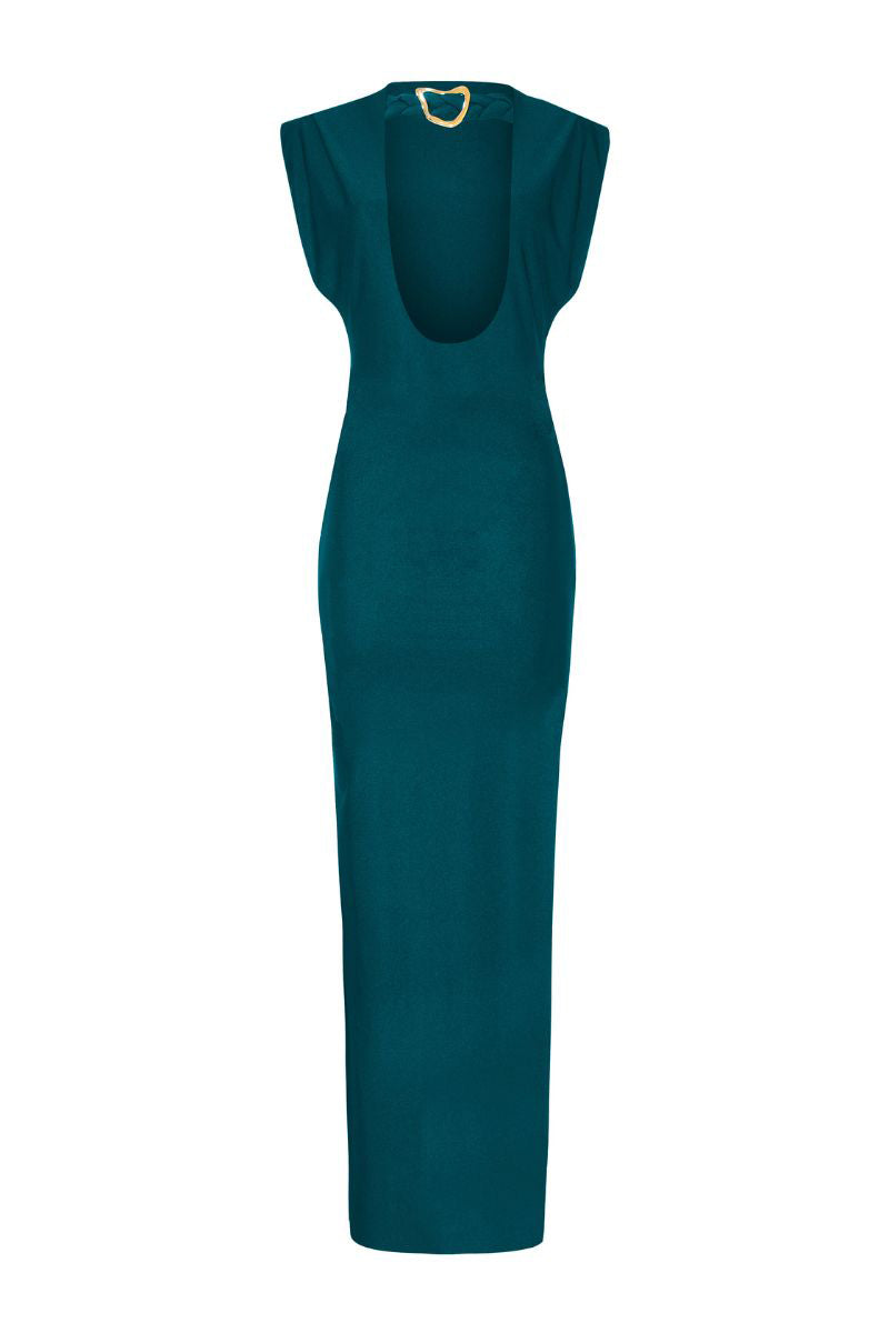 Elegant LEDIEL Mocca Largo gown in emerald green, flowing fabric with a fitted bodice and long sleeves, perfect for formal occasions.