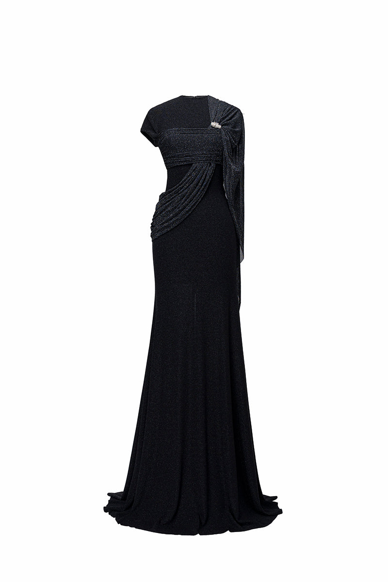 Black Jenny K Tran Freya gown featuring a flowing silhouette and elegant design, perfect for formal occasions.
