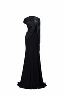 Black Jenny K Tran Freya gown featuring a flowing silhouette and elegant design, perfect for formal occasions.