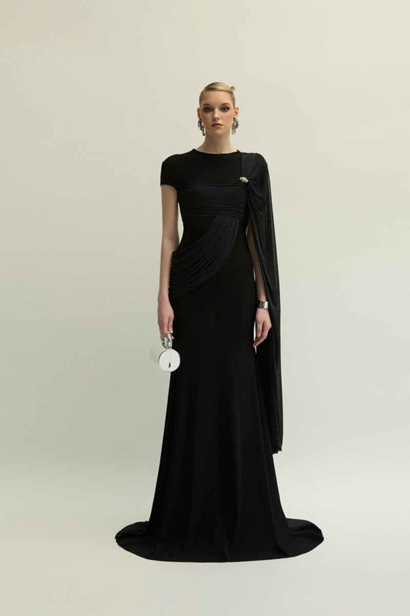 Black Freya gown by Jenny K Tran featuring elegant fabric and a flattering silhouette, perfect for formal occasions.