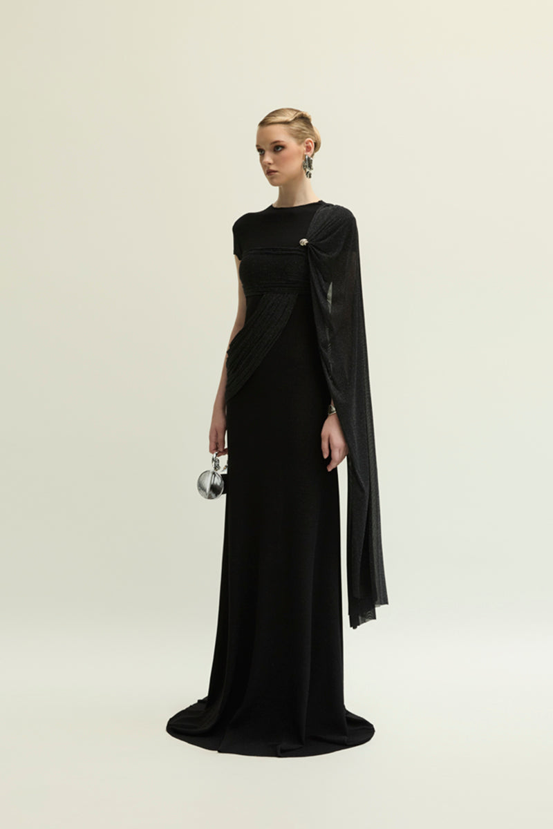 Elegant Jenny K Tran Freya black gown with flowing fabric and stylish design, perfect for formal occasions.