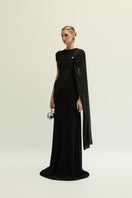 Elegant Jenny K Tran Freya black gown with flowing fabric and stylish design, perfect for formal occasions.