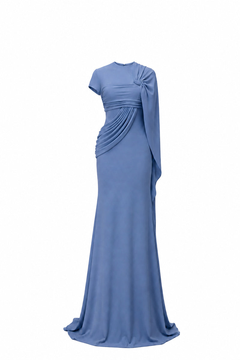 Blue Jenny K Tran Freya gown featuring elegant fabric and a flowing silhouette, perfect for formal occasions.