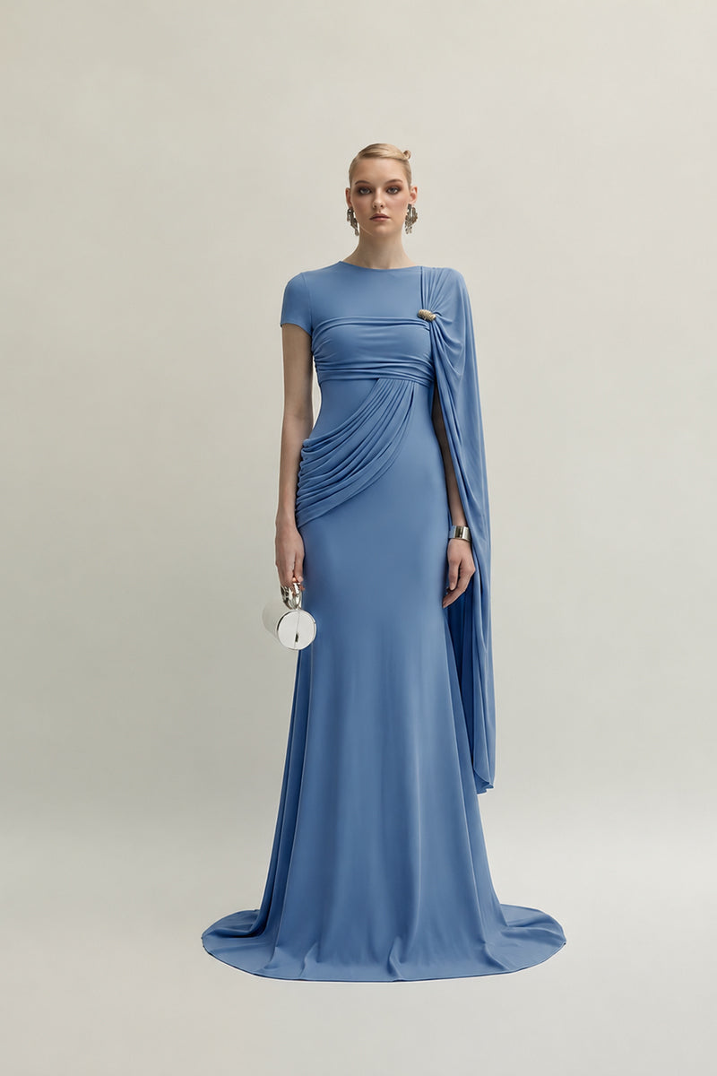 Jenny K Tran Freya blue gown, elegant dress with flowing fabric and intricate detailing, perfect for formal occasions.