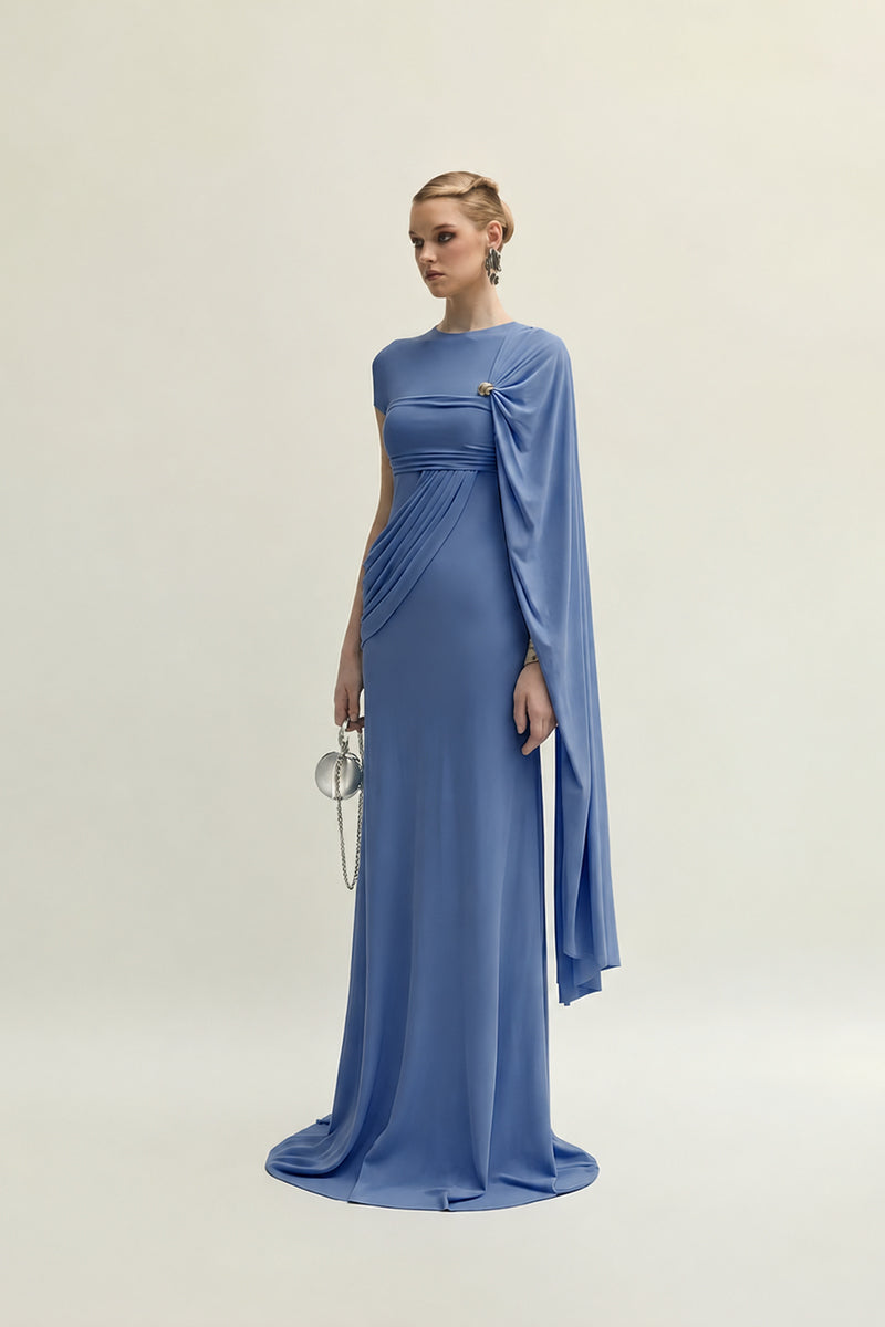 Jenny K Tran Freya blue gown, elegant evening dress with flowing fabric and intricate design, perfect for formal occasions.