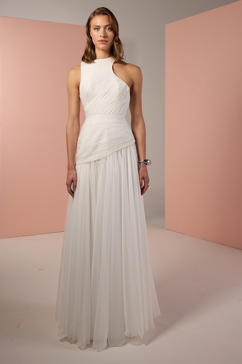 ASYMMETRICAL LOW WAISTLINE GOWN IN WHITE - CULT MIA