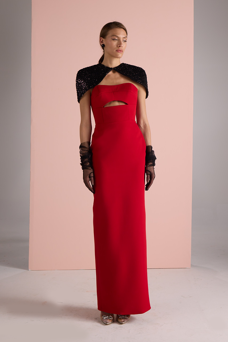 STRAPLESS TUBE DRESS WITH CAPE IN RED - CULT MIA