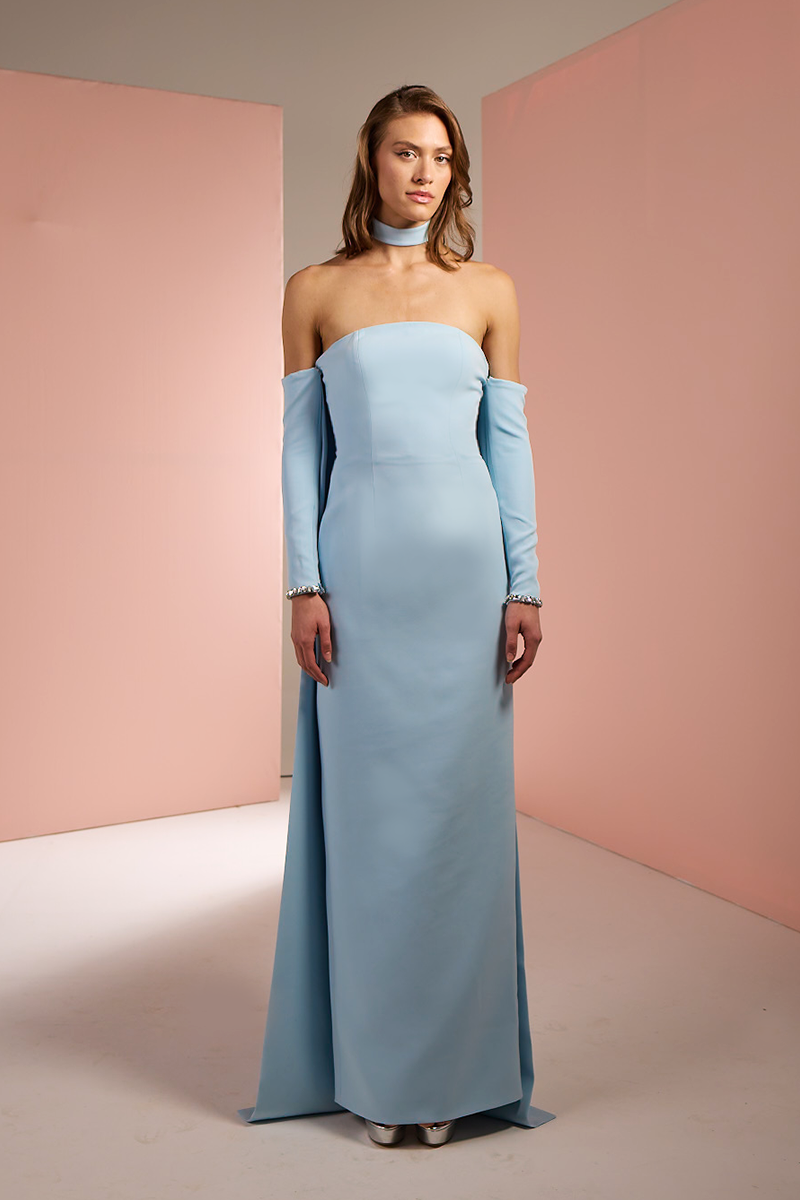 STRAPLESS CREPE TUBE DRESS IN BABY BLUE - CULT MIA