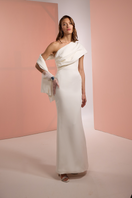 White Joanna Andraos crepe maxi dress with a matching scarf, featuring a front view and elegant, flowing design.