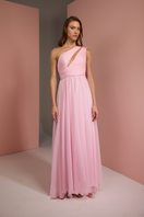 Baby pink one-shoulder gown by Joanna Andraos, front view showcasing elegant design and flowing fabric.