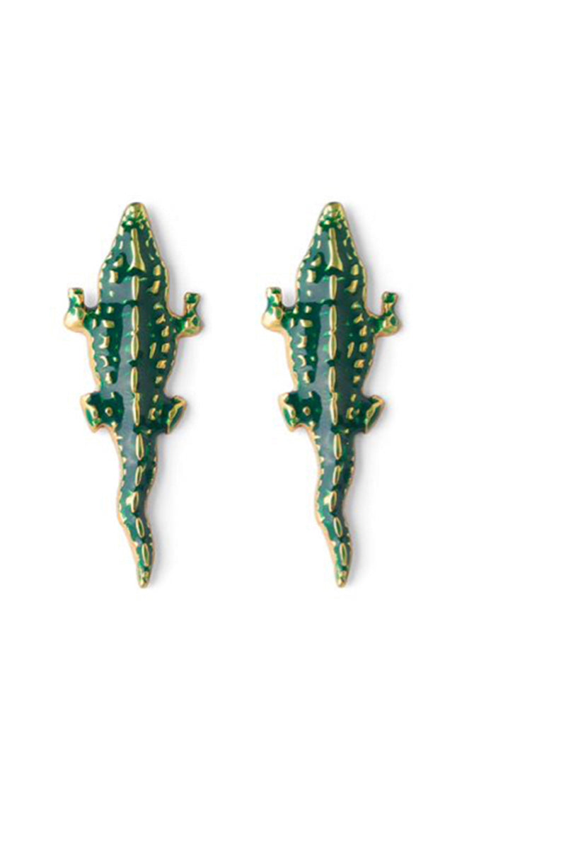 Small green crocodile earrings by Natia x Lako featuring detailed crocodile shapes on silver-tone hooks.