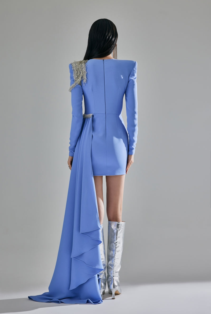 ASYMMETRIC EMBROIDERED MINI DRESS IN BLUE - CULT MIA