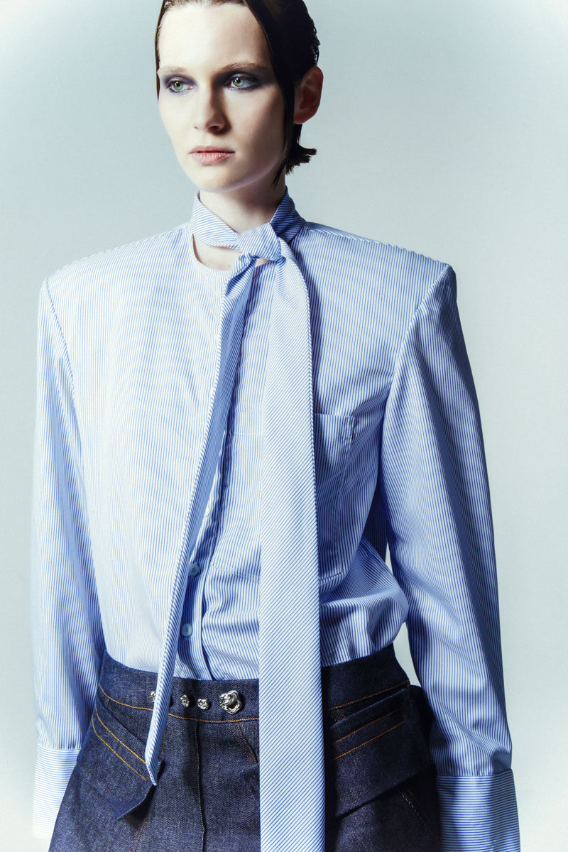 TAILORED PINSTRIPE SHIRT WITH ATTACHED TIE COLLAR - CULT MIA