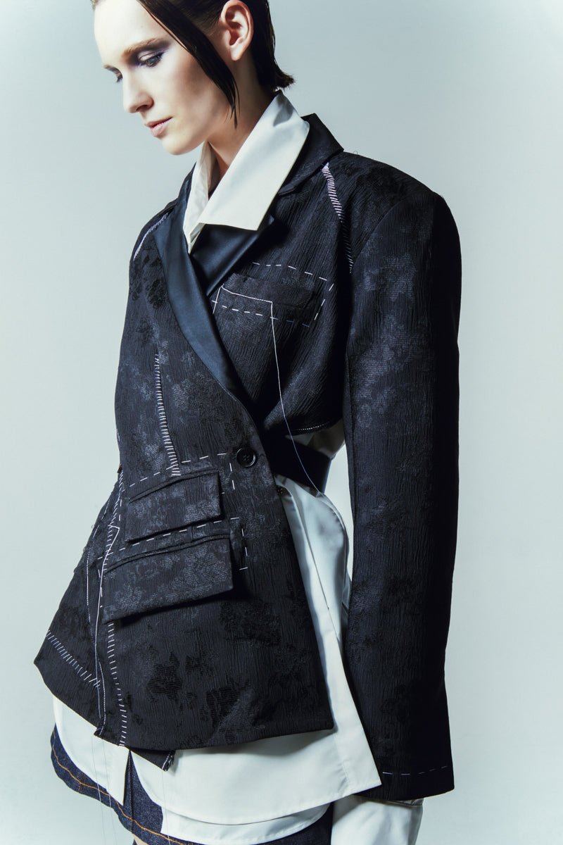 BACKLESS JACQUARD DOUBLE BREASTED SUIT JACKET - CULT MIA