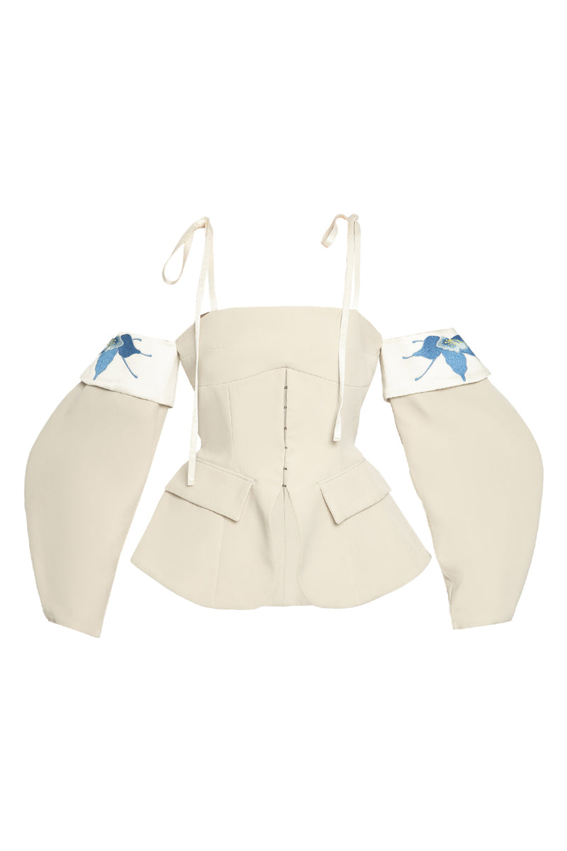 TAILORED TOP WITH EMBROIDERED BALLOON SLEEVE - CULT MIA