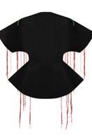 Red embroidered kimono top by Sean Sheila, featuring intricate embroidery and a flowing design, shown from the back.