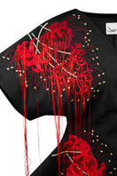Red embroidered kimono top by Sean Sheila with intricate embroidery details, perfect for stylish and elegant layering.