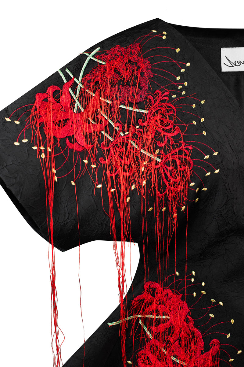 Red embroidered kimono top by Sean Sheila with intricate embroidery details, perfect for stylish and elegant layering.