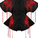 Red embroidered kimono top by Sean Sheila featuring intricate embroidery and a flowing design, front view.