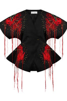 Red embroidered kimono top by Sean Sheila featuring intricate embroidery and a flowing design, front view.