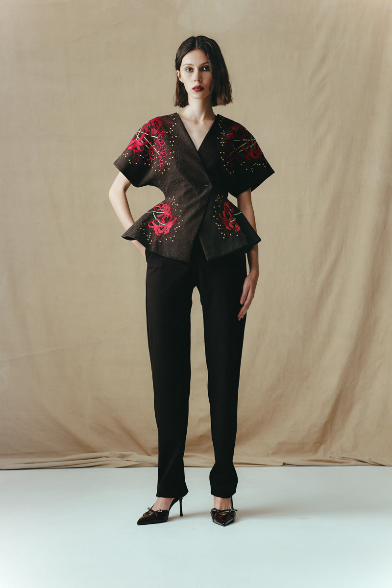Front view of Sean Sheila Signature Red Embroidered Kimono, a stylish embroidered top with intricate red design.