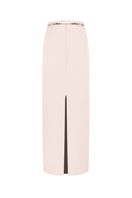 Sean Sheila blush satin maxi skirt displayed from the back, flowing fabric and elegant design perfect for stylish occasions.
