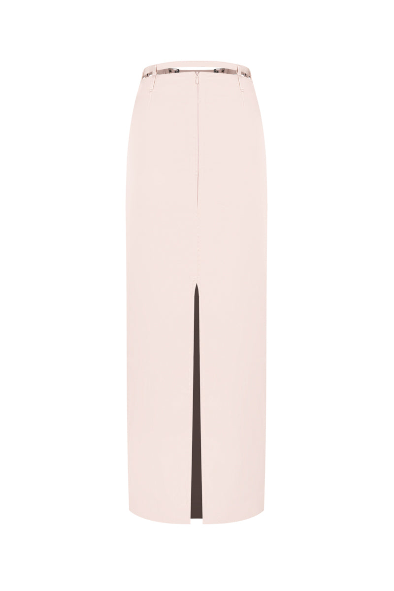 Sean Sheila blush satin maxi skirt displayed from the back, flowing fabric and elegant design perfect for stylish occasions.