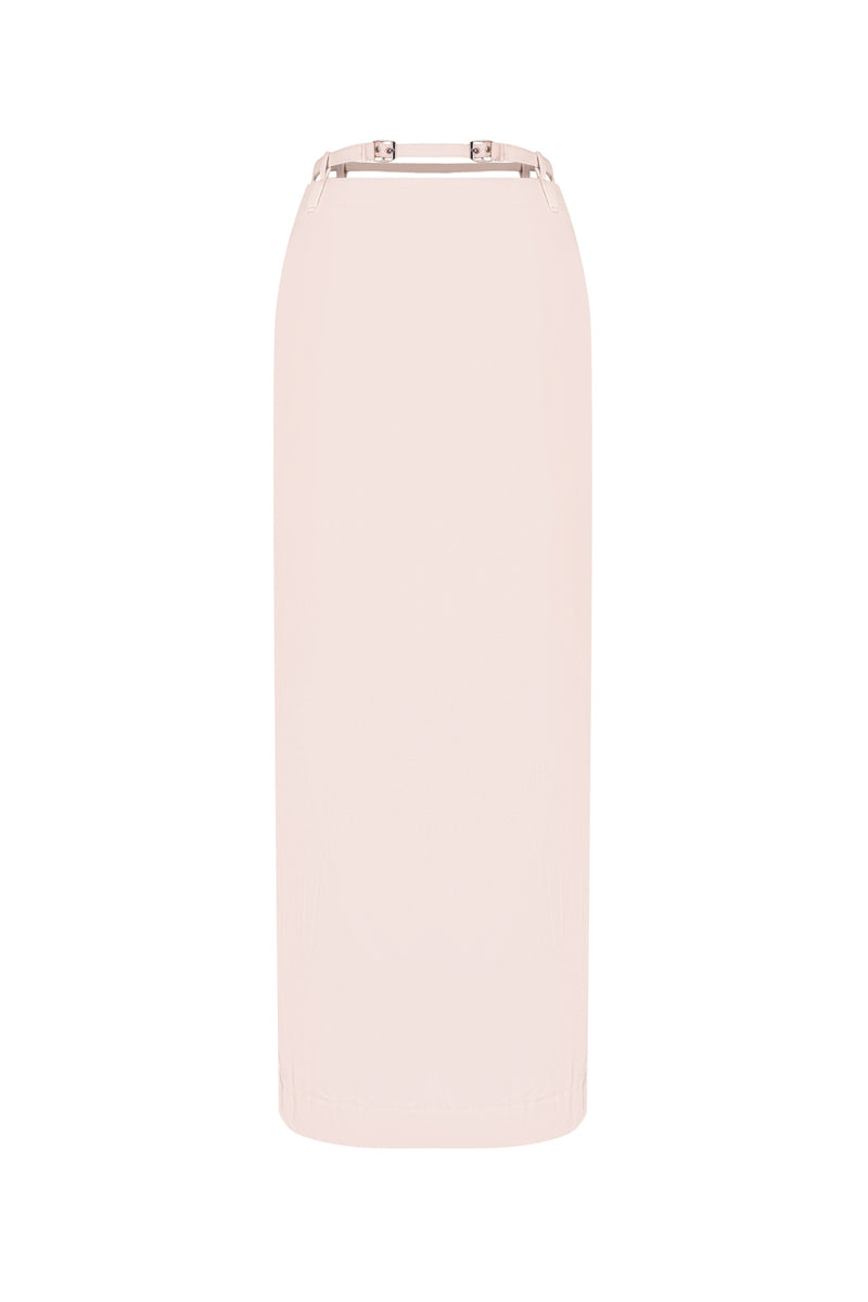 Sean Sheila blush satin maxi skirt, front view showing smooth fabric and elegant flow, perfect for stylish summer outfits.