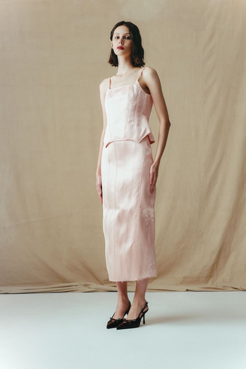 Sean Sheila A-line midi skirt with corset panels, featuring a stylish and structured design in a front view.