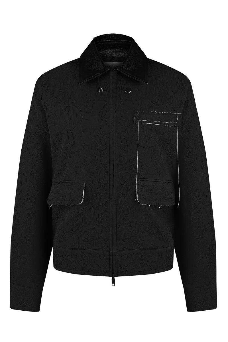 Sean Sheila crinkled blouson jacket in black with textured, wrinkled fabric, front view showcasing its stylish design.