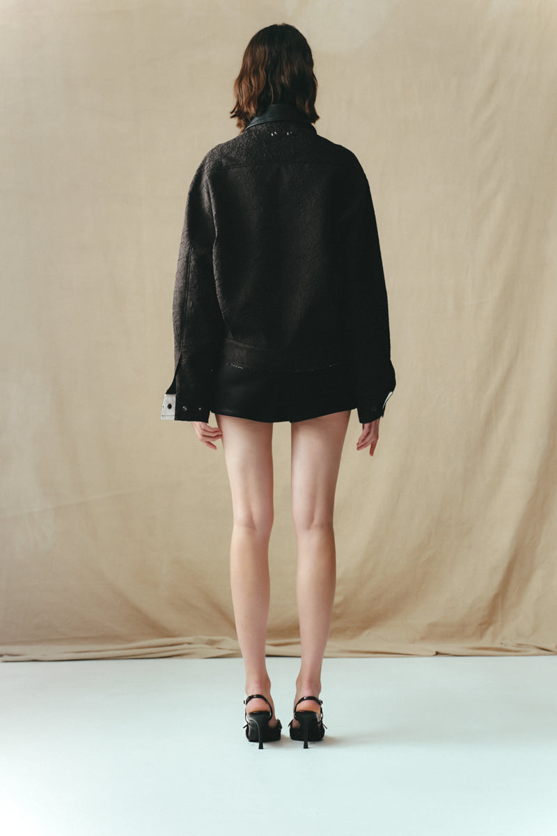 Sean Sheila crinkled blouson jacket shown from the back, featuring textured fabric and a relaxed fit for casual style.