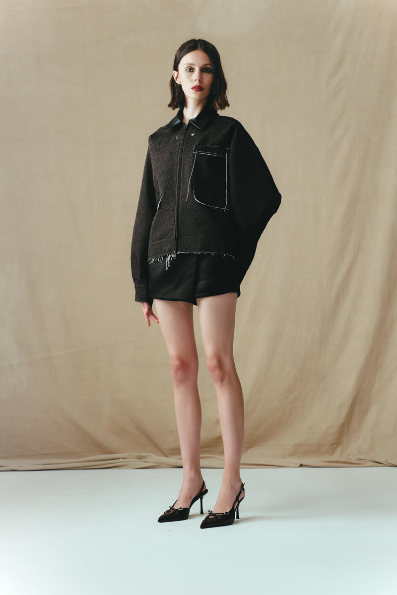 Sean Sheila crinkled blouson jacket shown from the side, featuring textured fabric and a relaxed fit for casual style.